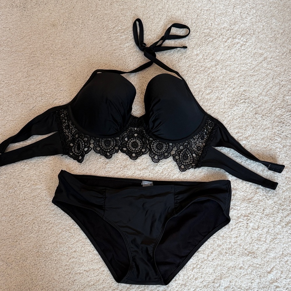 Black Lace-Trim Halter Bikini Set - Women Swim